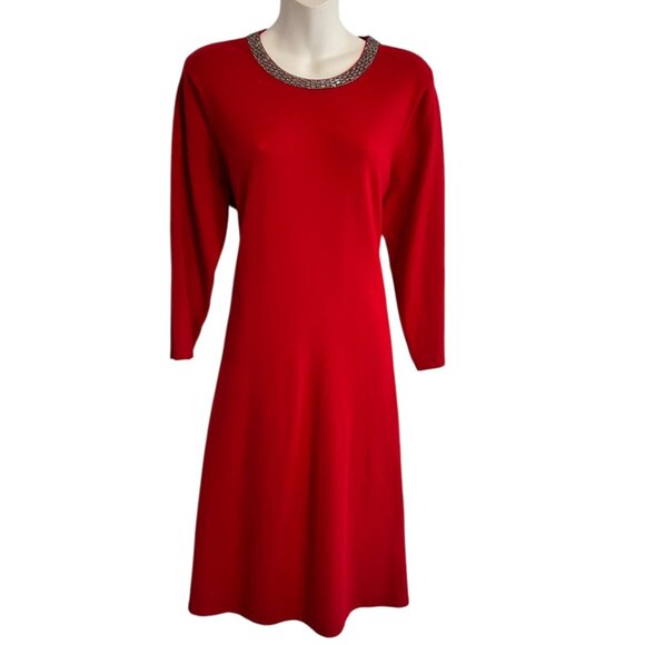 Liz Claiborne Red Sweater Dress Women's M Rhinestone Collar Knit 3/4 Sleeves NEW - Picture 1 of 9